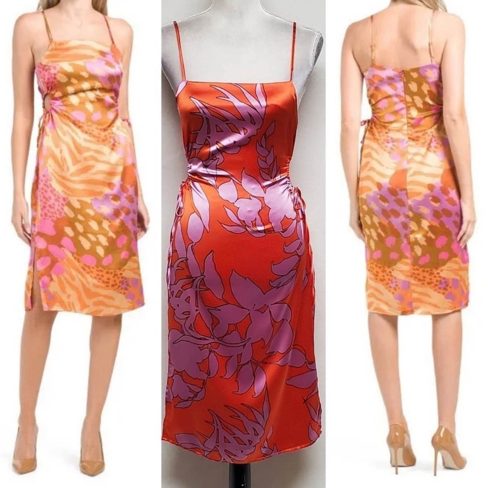 Purple Florals on Orange Satin Sheath Midi Dress Cocktail Summer Party